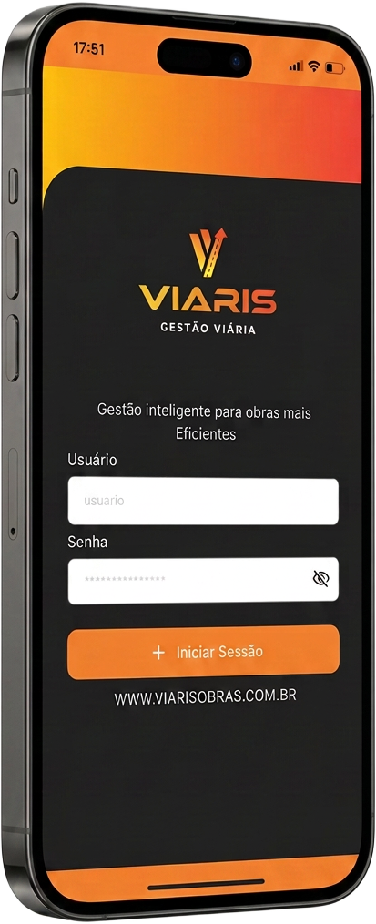 Aplicativo Viaris Obras em mockup de celular, desenvolvido pela INDATA para gestão de diário de obra